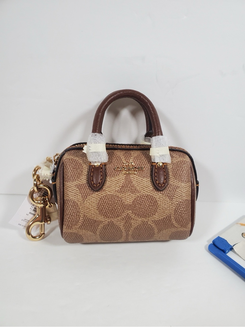 NWT COACH Mini Rowan Satchel Bag Charm In Signature Canvas Sand Taupe